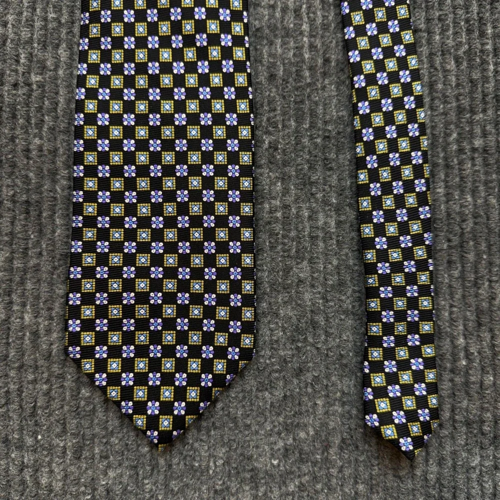 Jos. A. Bank Silk Tie Mens Black Blue Gold Geometric Floral Medallion Hand Sewn